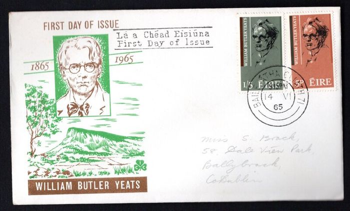 1965 Ireland Centenary of the Birth of William Butler Yeats Commemorative Stamps Somerville Services (Addressed in pencil) First Day Cover (FDC)