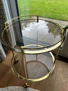 Vintage 1970s Hollywood Regency Gold Brass & Glass Bar Cart / Table