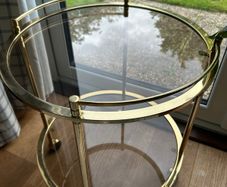 Vintage 1970s Hollywood Regency Gold Brass & Glass Bar Cart / Table
