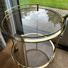 Vintage 1970s Hollywood Regency Gold Brass & Glass Bar Cart / Table