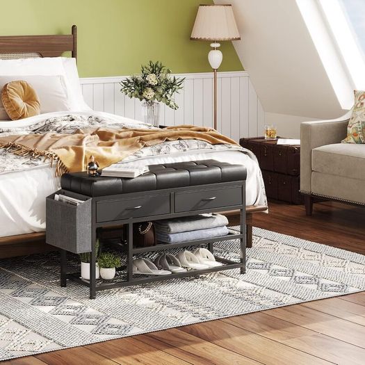 Shoe Bench with Cushion, Storage Bench with Padded Seat, Metal Shoe Racks and Fabric Drawers