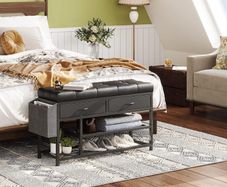 Shoe Bench with Cushion, Storage Bench with Padded Seat, Metal Shoe Racks and Fabric Drawers