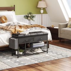 Shoe Bench with Cushion, Storage Bench with Padded Seat, Metal Shoe Racks and Fabric Drawers