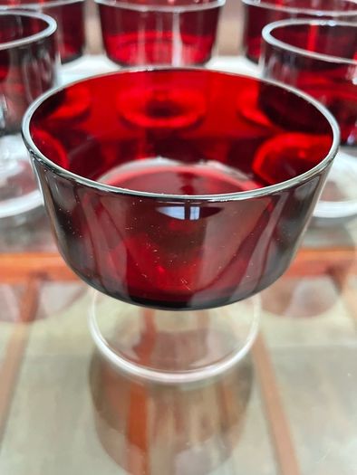 6 Vintage MCM Luminarc Cavalier Ruby Red with Smoked Glass Bowl Dessert Glasses Sherbet Cups French 1960 70s