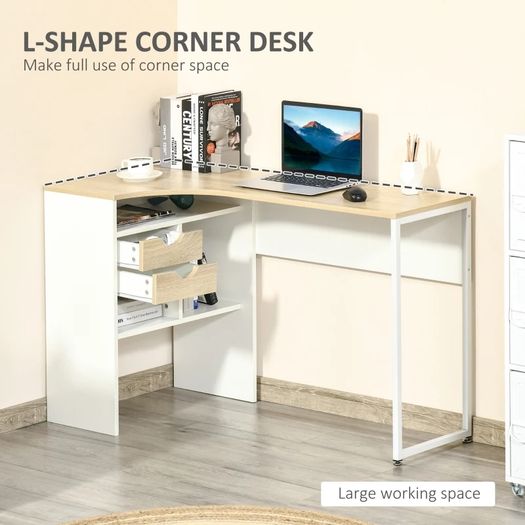 L-Shaped Corner Computer Desk Study Table PC Work w/ Storage Shelf Drawer Smooth Slide Office Home Workstation Space Saving  Light Brown