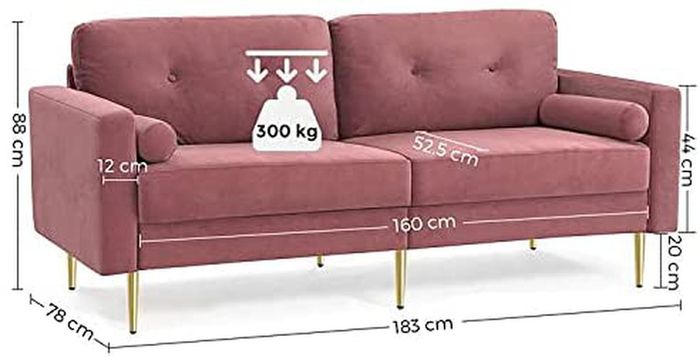 _3-seater sofa, couch for living room, cover made of velvet, for apartments, small rooms, wooden frame, metal legs, simple structure, modern design, 183 x 78 x 88 cm, pink