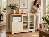 Beige Country Style Kitchen Sideboard Cabinet with Wine Rack and Glass Doors