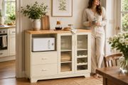 Beige Country Style Kitchen Sideboard Cabinet with Wine Rack and Glass Doors