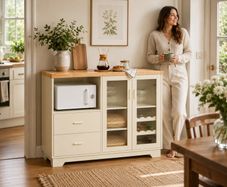 Beige Country Style Kitchen Sideboard Cabinet with Wine Rack and Glass Doors