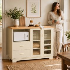Beige Country Style Kitchen Sideboard Cabinet with Wine Rack and Glass Doors