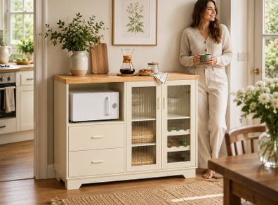 Beige Country Style Kitchen Sideboard Cabinet with Wine Rack and Glass Doors
