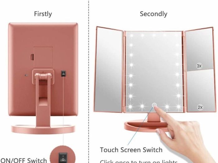 Vanity Makeup Mirror,1x/2x/3x Tri-Fold Makeup Mirror with 21 LED Lights and Adjustable Touch Screen