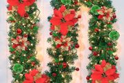 Pre-Lit Artificial Christmas Garland, Green, Warm Lights, Decorated with Red Flowers, Balls, Berries, Snowy Pine for Home Stairs Fireplace Front, Christmas Decorations, 9 Ft