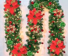 Pre-Lit Artificial Christmas Garland, Green, Warm Lights, Decorated with Red Flowers, Balls, Berries, Snowy Pine for Home Stairs Fireplace Front, Christmas Decorations, 9 Ft