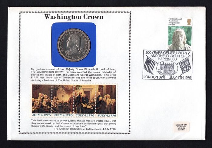 1976 Great Britain Washington Crown Cover Celebrating the 200th Anniversary of USA tying 11p commemorative stamp with cancel "200 Year of Life, Liberty and the Pursuit of Happiness"