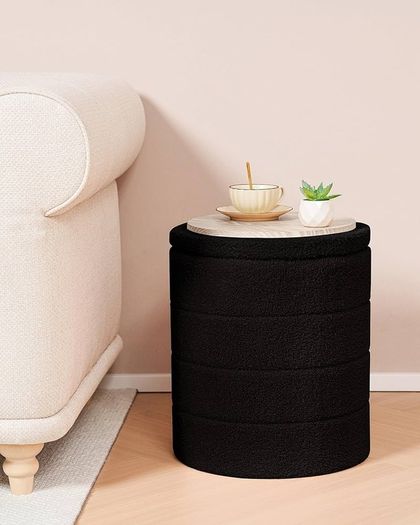 Boucle Ottoman Storage, Foot Rest Stool Seat, Folding Footstool for Living Room, Sherpa Ottoman for Bedroom, Black, 37x37x45 cm