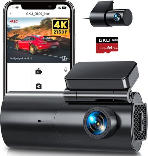 GKU 4K Dash Cam Front and Rear, 5GHz WiFi Dashcam with 64GB SD Card, Dual Car Camera Dash Cam with Parking Monitor, Night Vision, WDR, 170 Wide Angle, G-Sensor, Loop Recording, APP Control, Max 256GB