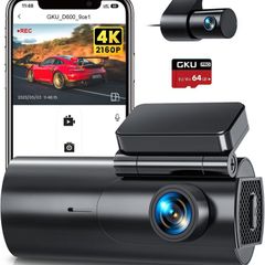 GKU 4K Dash Cam Front and Rear, 5GHz WiFi Dashcam with 64GB SD Card, Dual Car Camera Dash Cam with Parking Monitor, Night Vision, WDR, 170 Wide Angle, G-Sensor, Loop Recording, APP Control, Max 256GB
