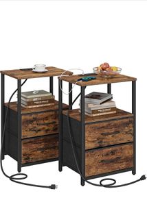 Bedside Table with Charging Station, Side Table with 2 USB Ports and Outlets, Nightstand with Cloth Drawer