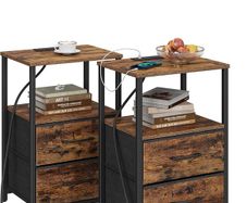 Bedside Table with Charging Station, Side Table with 2 USB Ports and Outlets, Nightstand with Cloth Drawer
