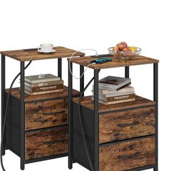 Bedside Table with Charging Station, Side Table with 2 USB Ports and Outlets, Nightstand with Cloth Drawer