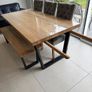 Tables, 3 grey chairs, bench and glass cover Image 2