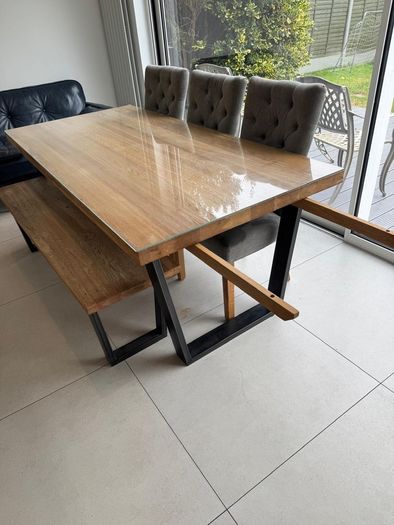 Tables, 3 grey chairs, bench and glass cover