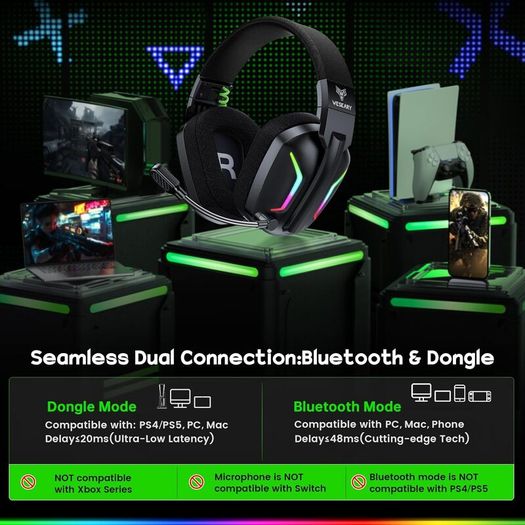 Wireless Gaming Headset for PS5, PS4, PC, Switch, Mac  Dual-Mode 2.4GHz  Bluetooth 5.4 Gaming Headphones with ENC Noise Cancelling Mic, 50mm Drivers, Dynamic LED Lights, 50H Playtime