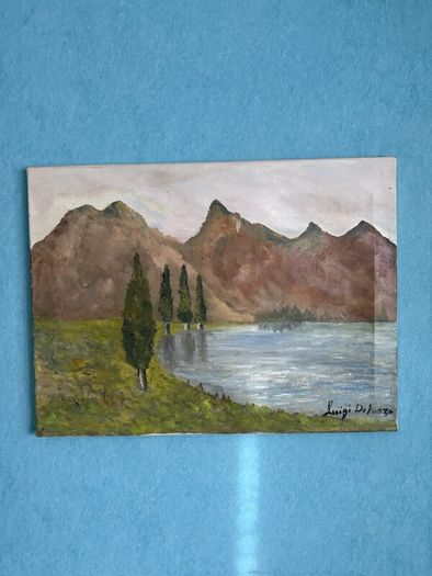Original Oil Painting on Canvas, Mountain Lake Landscape, Signed Luigi Di Fonzo, 45 x 60 cm