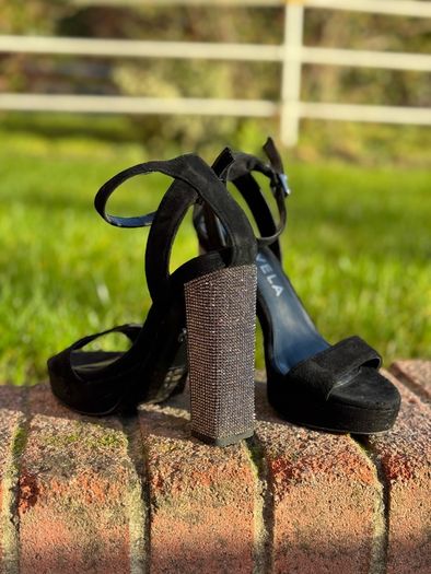 Carvela Black Suede Platform Heels with Crystal Block Heel