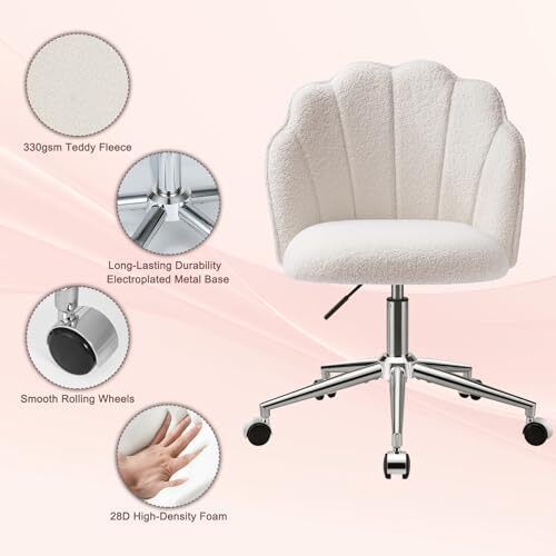 Chair for Dressing Table with Wheels, Boucle Desk Chair for Bedroom, Swivel Armchair for Home, Height Adjustable&Easy Assembly, White/Beige