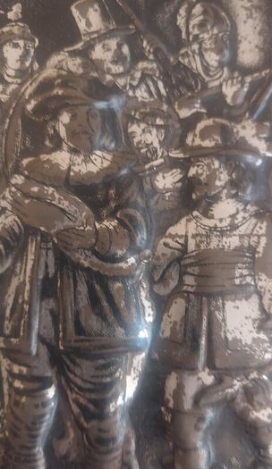 Fabulous Rembrandt's The Night Watch Vintage Hinged Biscuit Tin with a Raised Relief Reproduction of the Famous Painting, Attributed to the Victoria Biscuit Company of Holland