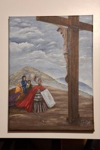 Acrylic painting, unique piece, Jesus on the Cross, Saint Longinus and the Three Marys.
