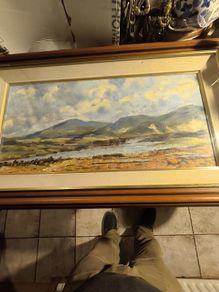 LARGE WITH GLASS FRMED An original acrylic on canvas painting showing a beach in light pastel tones. Signed bottom right