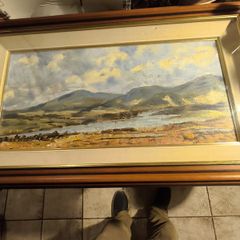 LARGE WITH GLASS FRMED An original acrylic on canvas painting showing a beach in light pastel tones. Signed bottom right