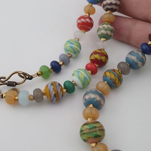 Antique Venetian Style MultiColor Stripe`Pattern Glass Beads Necklace