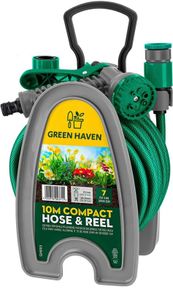 Lightweight Garden Hose Reel - 10m Compact Hose Pipe Reel With 7 Adjustable Spray Gun Nozzles - Outdoor Mini Hose Gun With Accessories for Irrigation - Easy Storage Hosepipe & Reel Set (FREE POSTAGE)