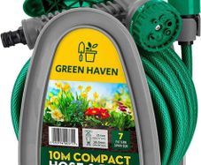 Lightweight Garden Hose Reel - 10m Compact Hose Pipe Reel With 7 Adjustable Spray Gun Nozzles - Outdoor Mini Hose Gun With Accessories for Irrigation - Easy Storage Hosepipe & Reel Set (FREE POSTAGE)