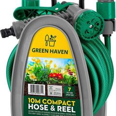 Lightweight Garden Hose Reel - 10m Compact Hose Pipe Reel With 7 Adjustable Spray Gun Nozzles - Outdoor Mini Hose Gun With Accessories for Irrigation - Easy Storage Hosepipe & Reel Set (FREE POSTAGE)