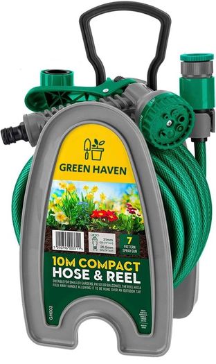 Lightweight Garden Hose Reel - 10m Compact Hose Pipe Reel With 7 Adjustable Spray Gun Nozzles - Outdoor Mini Hose Gun With Accessories for Irrigation - Easy Storage Hosepipe & Reel Set (FREE POSTAGE)