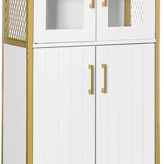 _Bathroom Cabinet Sideboard Storage Cabinet Adjustable Shelf Steel Frame Living Room Kitchen White Gold