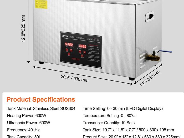 30L Professional Ultrasonic Cleaner with Digital Timer & Heater Ultra Sonic Jewelry Cleaner, Stainless Steel Heated Cleaning Machine for Glasses Watch Rings Small Parts Circuit Board