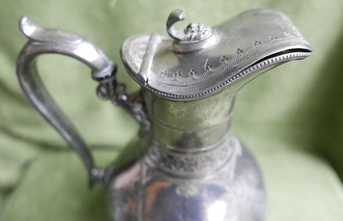 Antique Lidded Jug, Antique Silver Plate, Engraved Foliate and Scroll Designs Jug.