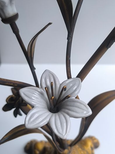 Antique 1930s French Botanical Gilt Metal & Porcelain Candelabra