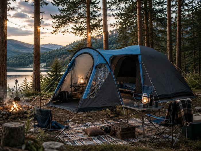 5 Person Dome Tent Living Room Side Entrance Window Headroom 5000 mm Blue Grey