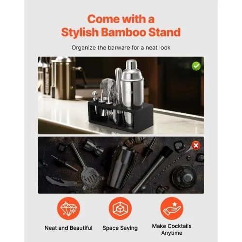 Cocktail Shaker Set, 13-Piece Stainless Steel Bar Tools with Bamboo Stand, Martini Bartender Kit Accessories | Mixer Spoon, Muddler, Jigger