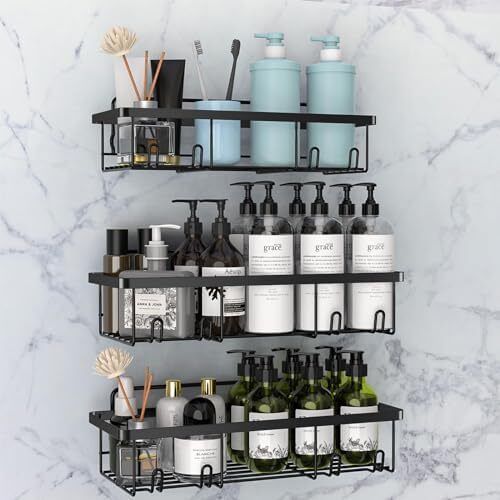 Shower Caddy Black - Bathroom Shelves Organiser No Drilling Adhesive Bathroom Shelf Wall Mounted, Rustproof Stainless Steel Shower Storage Shelves Rack for Shampoo Conditioner, 3 Pack