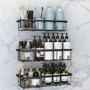 Shower Caddy Black - Bathroom Shelves Organiser No Drilling Adhesive Bathroom Shelf Wall Mounted, Rustproof Stainless Steel Shower Storage Shelves Rack for Shampoo Conditioner, 3 Pack