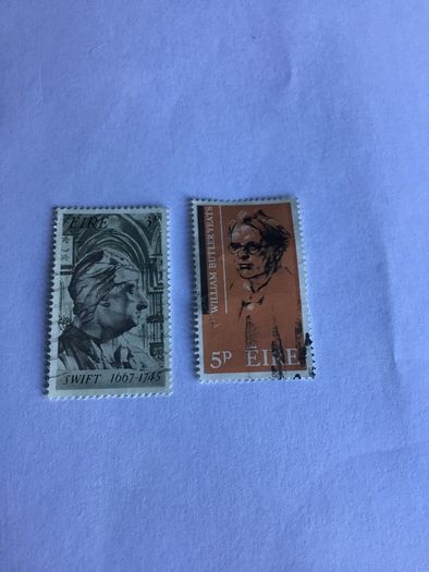 2 Irish stamps - Jonathan Swift and William Butler Yeats