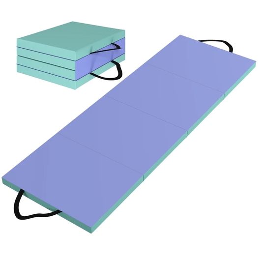 Portable Foldable Gymnastics Mat, Thick 4-Panel Sports Mat with Handles, 180 x 60 x 5 cm, Green and Purple